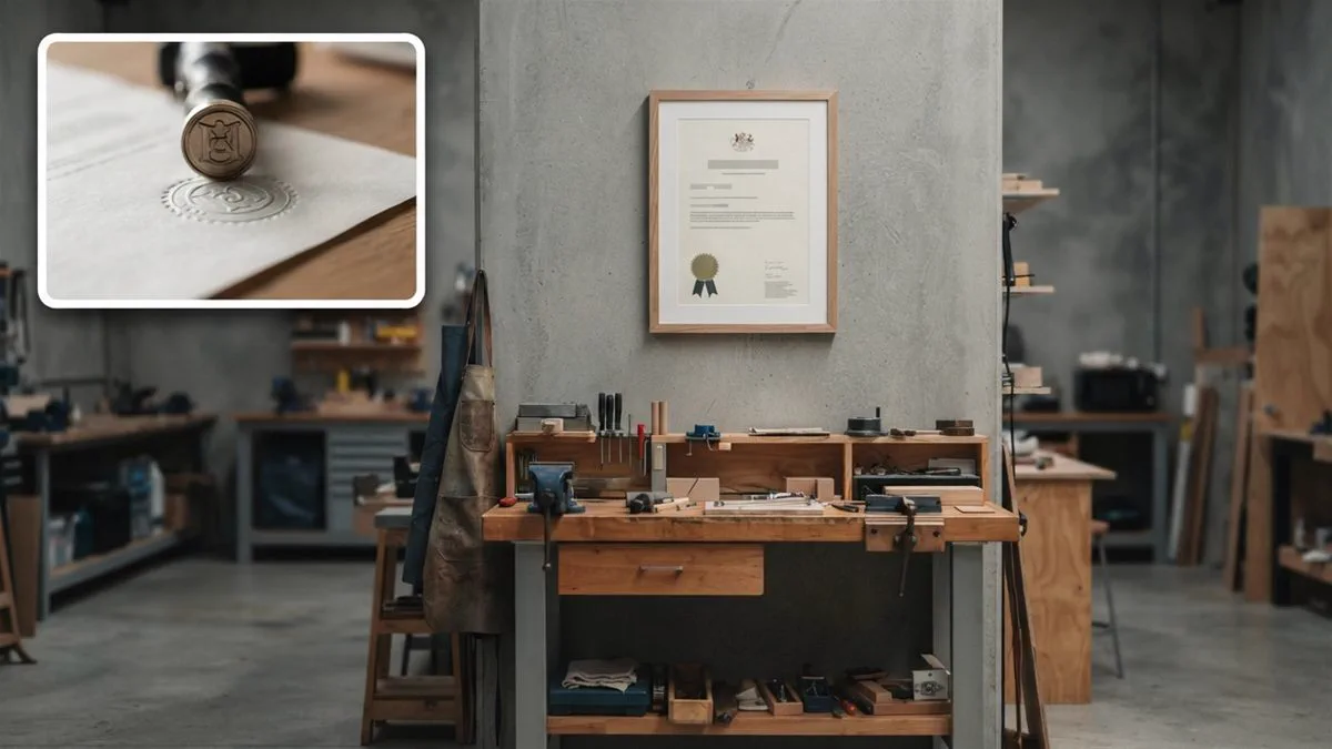 A company registration certificate on a wall above a small workshop bench